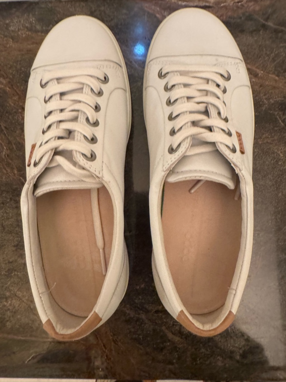 Ecco White Leather Lace-Up Sneakers with Tan Heel Accent